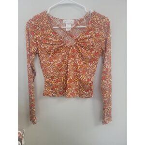 Floral Long Sleeve Crisscross Neck Top For Women Small